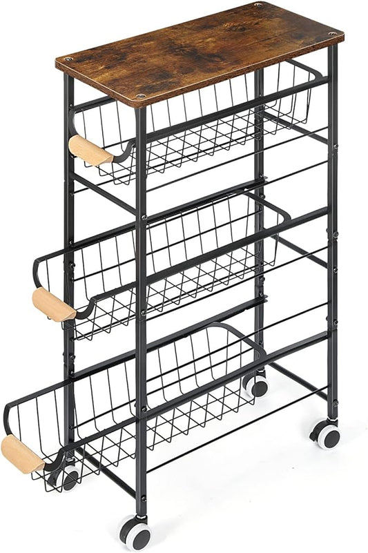 4-Tier Slim Storage Cart, Kitchen Rolling Utility Cart Bathroom Organizer Laundry Room Organization Mobile Shelving Unit with Slide-Out Metal Wire Baskets, Wooden Tabletop & Wheels for Narrow Space - LeafyLoom