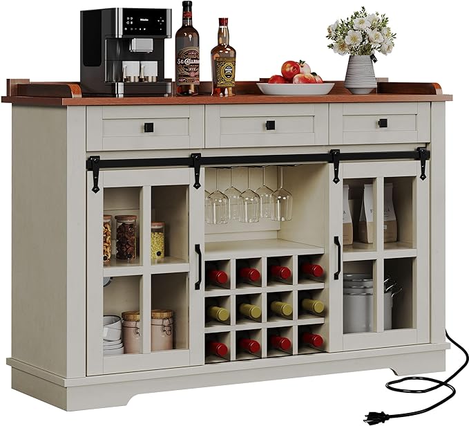 DWVO Farmhouse Coffee Bar Cabinet, 53” Sideboard Buffet Cabinet with Storage, 3 Drawers & Sliding Barn Door, Storage Cabinet with Glass Door for Kitchen & Living Room, Antique White - LeafyLoom