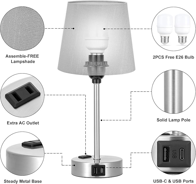 Table Lamps for Bedrooms Set of 2 Bedside - Nightstand Bedroom Lamp with USB C Port and AC Outlet Charging, Dimmable Touch Small End Side Lamp, Grey Night Stand Light for Kid/Guest Room/Living Room - LeafyLoom