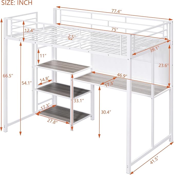 RITSU Twin Size Loft Bed, Heavy Duty Metal Bedframe with Desk and Whiteboard, 3 Big Shelves The Storage Space, Sturdy Construction, for Children's Room, Teens, White - LeafyLoom