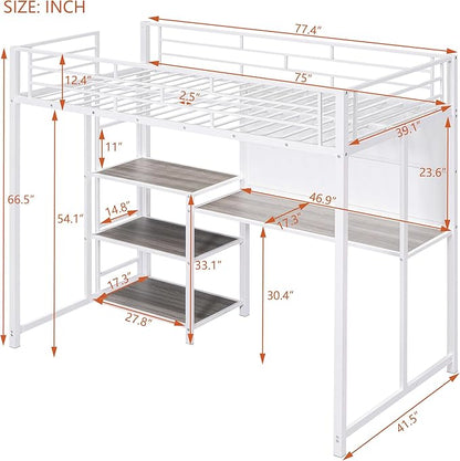 RITSU Twin Size Loft Bed, Heavy Duty Metal Bedframe with Desk and Whiteboard, 3 Big Shelves The Storage Space, Sturdy Construction, for Children's Room, Teens, White - LeafyLoom