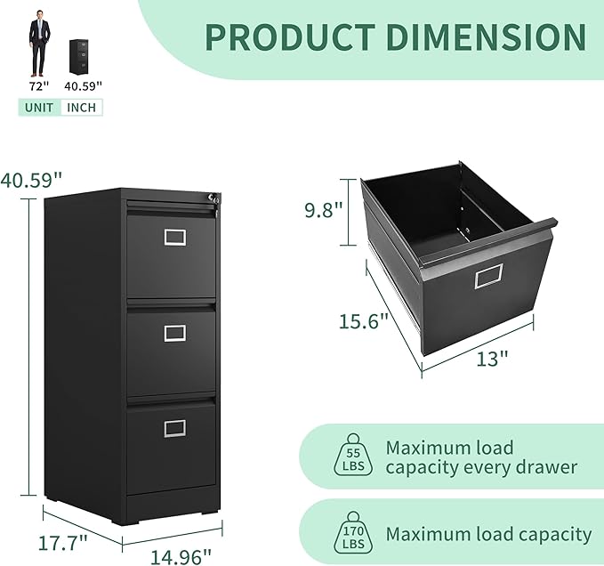 3 Drawer File Cabinet, Metal Vertical File Cabinets with Lock for Home Office, Office Steel Filing Cabinet for Hanging Files for A4/ Legal/Letter,Assembly Required (Black) - LeafyLoom