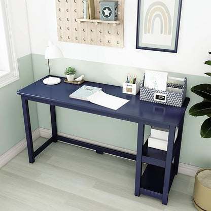 Max & Lily Solid Wood Desk With Shelves, 55 Inches, Blue - LeafyLoom