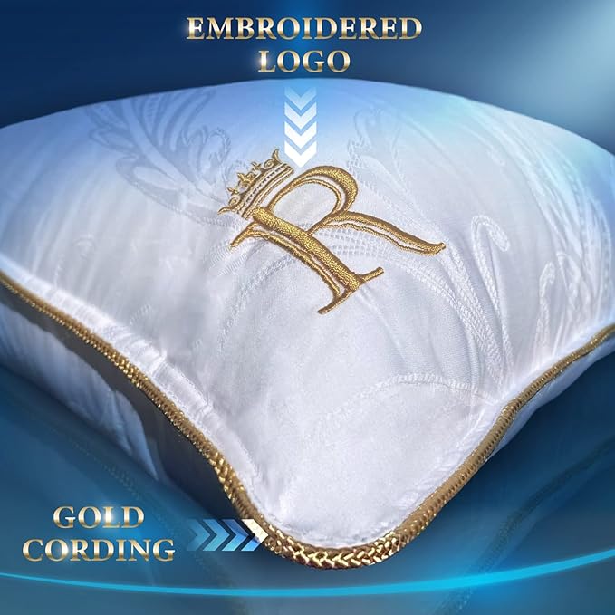 Royal Therapy Pillows Queen Size Set of 2 - Cooling Pillow, Side Sleeper Pillow - Adjustable Alternative Down Pillow, Bed Pillows, Sophisticated Design & Gold Piping - LeafyLoom