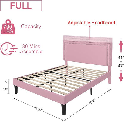 VECELO Full Size Platform Bed Frame with Height Adjustable Upholstered Headboard, Modern Mattress Foundation,Strong Wood Slat Support, No Box Spring Needed, Easy Assembly - LeafyLoom