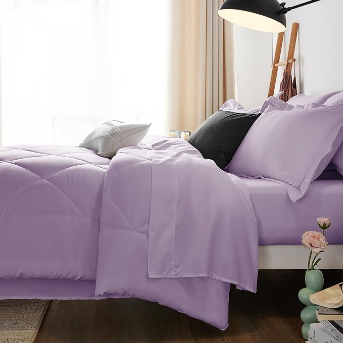 CozyLux King Comforter Set with Sheets 7 Pieces Bed in a Bag Light Purple All Season Lavender Bedding Sets with Comforter, Pillow Shams, Flat Sheet, Fitted Sheet and Pillowcases - LeafyLoom