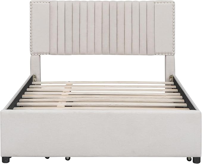 Full Size Linen Upholstered Platform Bed with 2 Drawers and Twin Size Trundle,Solid Wood Bed Frame w/Classic Headboard Design,for Bedroom,Apartment,Living Room,Beige - LeafyLoom