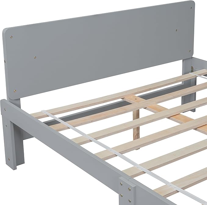 Full Bed with Footboard Bench, Full Kid Bed with Headboard, Wood Slat Support, Cute Kid Bed Frame with Book Storage Space, Full Car Bed for Boys Girls Bedroom, No Box Spring Needed, Grey - LeafyLoom