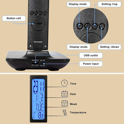 LED Desk Lamp, Desk Lamp with Wireless Charger, Suitable for Home, Office Dimmable Desk Lamp, with USB Charging Port, Built-in Clock, Calendar, Thermometer and Automatic Timing Reading Desk Lamp. - LeafyLoom