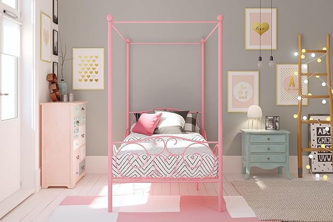 DHP Metal Canopy Kids Platform Bed with Four Poster Design, Underbed Storage Space, No Box Sring Needed, Twin, Pink - LeafyLoom