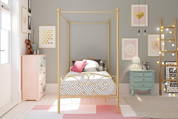 DHP Metal Canopy Kids Platform Bed with Four Poster Design, Scrollwork Headboard and Footboard, Underbed Storage Space, No Box Sring Needed, Twin, Gold - LeafyLoom