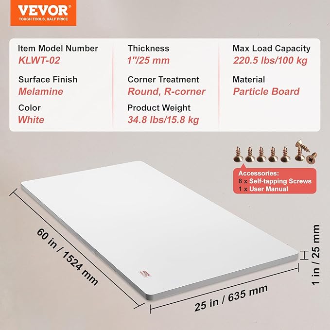 VEVOR One-Piece Particle Board Desktop Universal Tabletop, 60" x 25" x 1", White - LeafyLoom