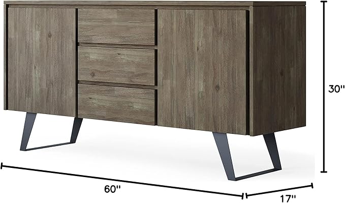 SIMPLIHOME Lowry SOLID ACACIA WOOD and Metal 60 Inch Wide Rectangle Modern Industrial Sideboard Buffet in Distressed Grey, For the Dining Room and Kitchen - LeafyLoom