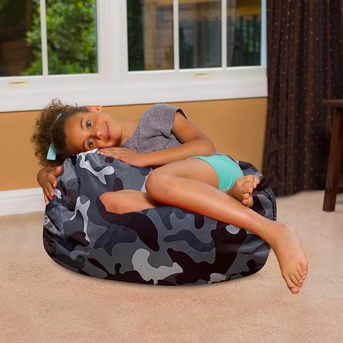 Posh Creations Bean Bag Chair for Kids, Teens, and Adults Includes Removable and Machine Washable Cover, Soft Nylon - Camo Dark and Black Gray, 27in - Medium - LeafyLoom