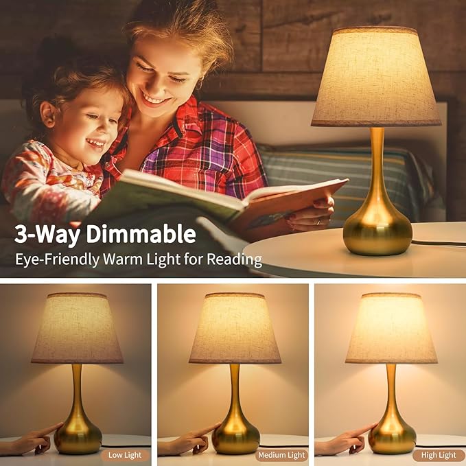 Touch Table Lamp for Bedroom, 3-Way Dimmable Gold Bedside Lamps for Nightstand with Fabric Shade, Desk Lamp for Kids Reading, Home Office - LeafyLoom