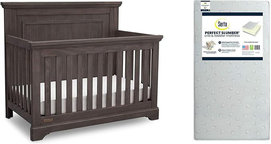 Simmons Kids SlumberTime Paloma 4-in-1 Convertible Crib, Rustic Grey + Serta Perfect Slumber Dual Sided Recycled Fiber Core Crib and Toddler Mattress (Bundle) - LeafyLoom