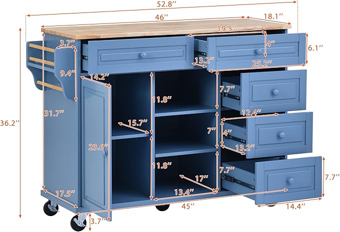 Island with Storage Cabinets, Rolling Mobile Kitchen-cart with Rubber Wood Desktop and 5 Drawers & Open Shelves, Sideboard for Dining Room, Home Bar, Blue, 52.8 Inch - LeafyLoom