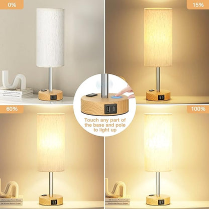 Bedside Table Lamp for Bedroom - 3 Way Dimmable Touch Lamp USB C Charging Ports and AC Outlet, Small Lamp Wood Base Round Flaxen Fabric Shade for Living Room, Desk, LED Bulb Included - LeafyLoom