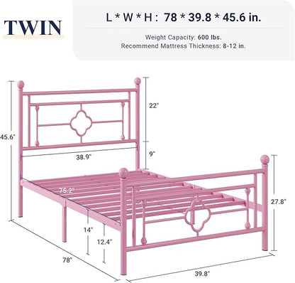 Allewie Twin Size Metal Platform Bed Frame with Victorian Vintage Headboard and Footboard/Mattress Foundation/Under Bed Storage/No Box Spring Needed/Noise-Free/Easy Assembly, Pink - LeafyLoom