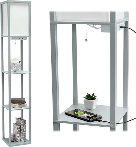 Simple Designs LF1037-GRY Organizer Storage Shelf with 2 Ports, 1 Charging Outlet and Linen Shade USB Etagere Floor Lamp, Gray - LeafyLoom