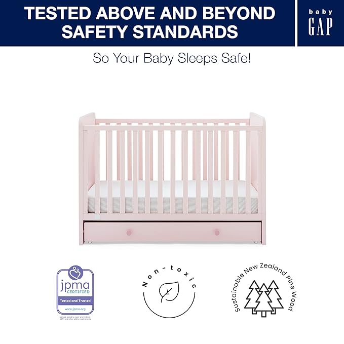 GAP babyGap Graham 4-in-1 Convertible Crib with Storage Drawer - Greenguard Gold Certified, Blush Pink/Dark Pink - LeafyLoom