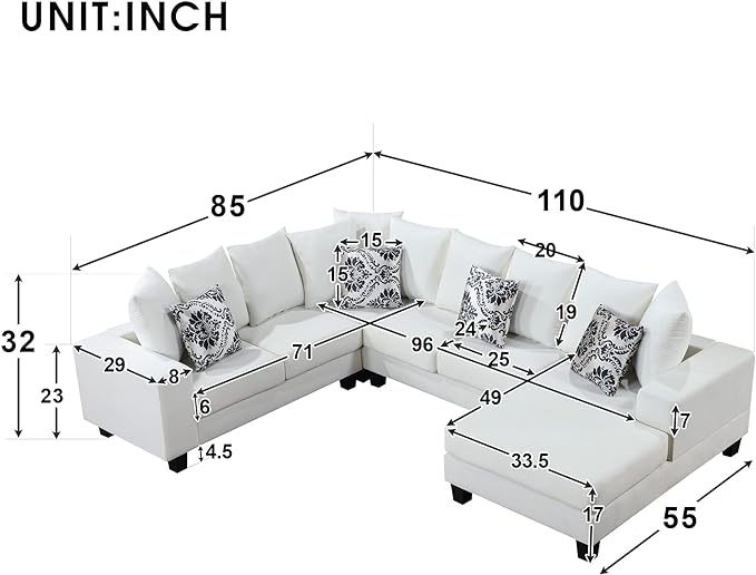 110" Modern U Shape Sectional Sofa, Velvet Corner Couch with Pillows, 6 Seat Sofa&Couch with Double Chaises for Living Room Furniture, Apartment, Office, Ushaped White - LeafyLoom