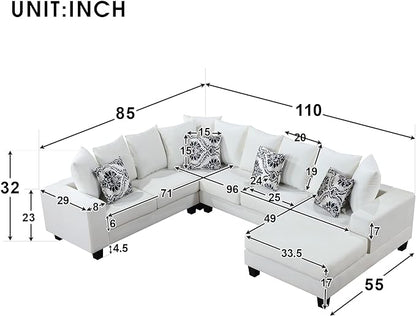 110" Modern U Shape Sectional Sofa, Velvet Corner Couch with Pillows, 6 Seat Sofa&Couch with Double Chaises for Living Room Furniture, Apartment, Office, Ushaped White - LeafyLoom