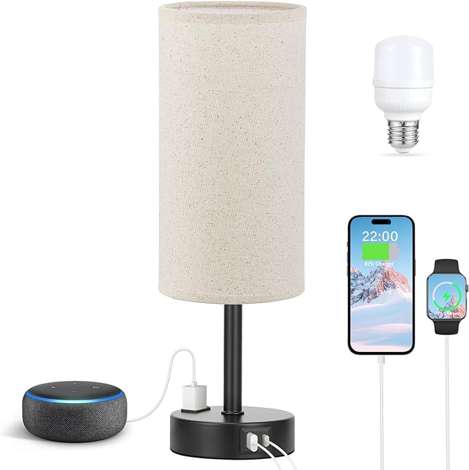 Beige Touch Table Lamp for Bedroom - 3 Way Dimmable Bedside Lamp USB C Charging Ports and AC Outlet, Small Lamp with Fabric Shade Black Base for Living Room, Office Desk, LED Bulb Included - LeafyLoom