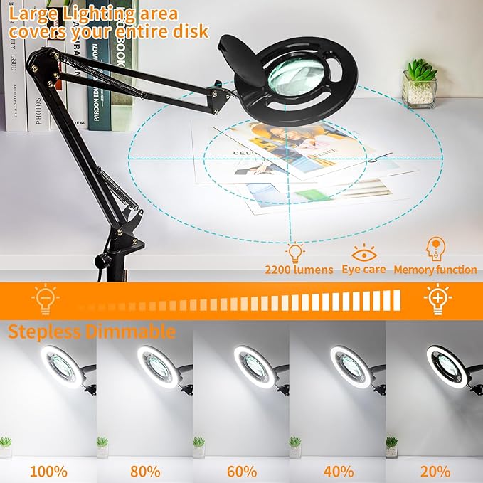 HITTI 10X Long Magnifying Glass with Light and Stand, 2200 Lumens Dimmable Bright LED Lighted Magnifier, Ajustable Swing Arm Magnifying Desk Lamp with Clamp, Hands Free for Hobby Repair Workbench - LeafyLoom