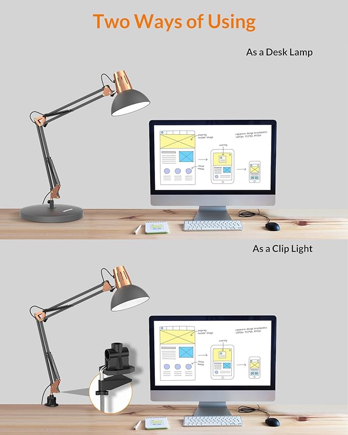 LEPOWER Metal Desk Lamp, Adjustable Goose Neck Architect Table Lamp with On/Off Switch, Swing Arm Desk Lamp with Clamp, Eye-Caring Reading Lamp for Bedroom, Study Room &Office (Sandy Black) - LeafyLoom