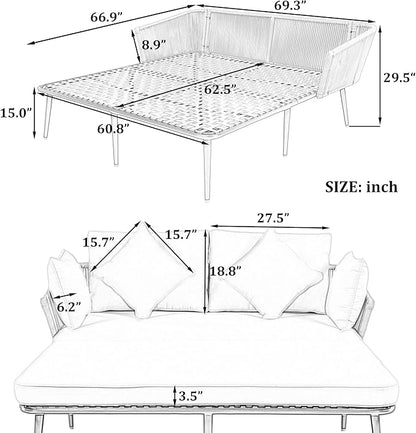 Patio Daybed Set for 2, Outdoor Furniture All-Weather Sofa Sunbed with Adjustable Iron Feet, Woven Nylon Rope Backrest, Washable Cushions and Pillows, for Balcony, Poolside, Gray - LeafyLoom