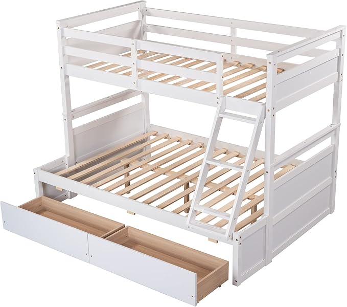 Bunk Bed Frame, Twin Over Full Bunk Bed with Safety Guardrail, Staircase and 2 Underbed Storage Drawers, Ideal Bed Frame for Kids Teens Girls Boys, Space Saving Bedroom Furniture, White - LeafyLoom