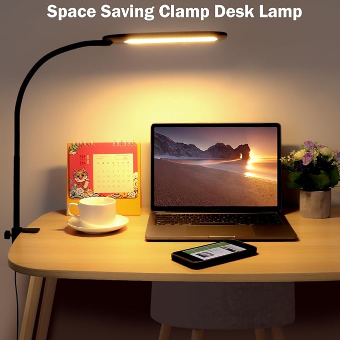 LED Desk lamps with Clamp for Home Office,High Brightness,3 Color Temperatures and Dimmable Clip On Desk Light,Flexible Gooseneck Desk Lamp with USB Adapter,Black - LeafyLoom