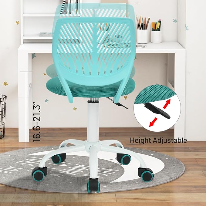 FurnitureR Desk Chair Small Study Chairs Armless for Child Kids Teens, Swivel Rolling Lightweight Task Chair with Wheels and Mesh Padded Cushion, Turquoise - LeafyLoom