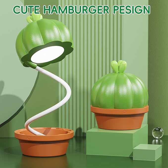 Cute Desk Lamp for Kids, Cactus Small Desk Lamps with Dimmable Touch,Rechargeable Kawaii Desk Lamp Nursery Night Lights, Desk Accessories Kawaii Room Decor for Kid Gifts (Green Cactus Lamp) - LeafyLoom