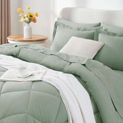 CozyLux Queen Comforter Set with Sheets 7 Pieces Bed in a Bag Sage Green All Season Bedding Sets with Comforter, Pillow Shams, Flat Sheet, Fitted Sheet and Pillowcases - LeafyLoom