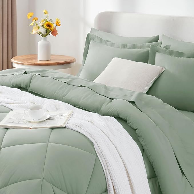 CozyLux King Comforter Set with Sheets 7 Pieces Bed in a Bag Sage Green All Season Bedding Sets with Comforter, Pillow Shams, Flat Sheet, Fitted Sheet and Pillowcases - LeafyLoom