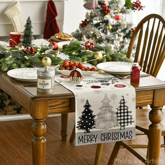 Artoid Mode Grey Pine Trees Snowflake Merry Christmas Table Runner, Winter Xmas Holiday Kitchen Dining Table Decoration for Home Party Decor 13x72 Inch ArtoidMode