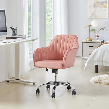 Yaheetech Velvet Vanity Chair Makeup Chair Cute Office Chair Aesthetic Desk Chair Height Adjustable Task Chairs 360° Swivel Computer Chair Living Room Chairs with Arms&Stainless Base Accent Pink - LeafyLoom