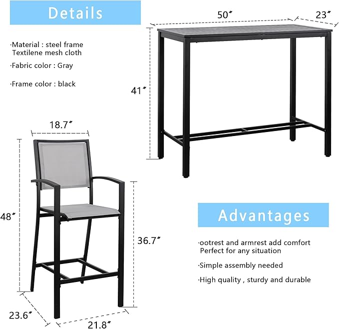 Shintenchi Patio Dining Sets, All Weather Textile Fabric Outdoor High Stool Bistro Set with 4 Bar Chairs and High Glass Table for Home, Backyard, Garden, Lawn, Porch, 5 Pieces - LeafyLoom