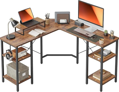 BANTI L Shaped Desk with Shleves, 50.4 inch Large Corner Desk with Two Storage, Space Saving, Easy to Assemble, Brown - LeafyLoom