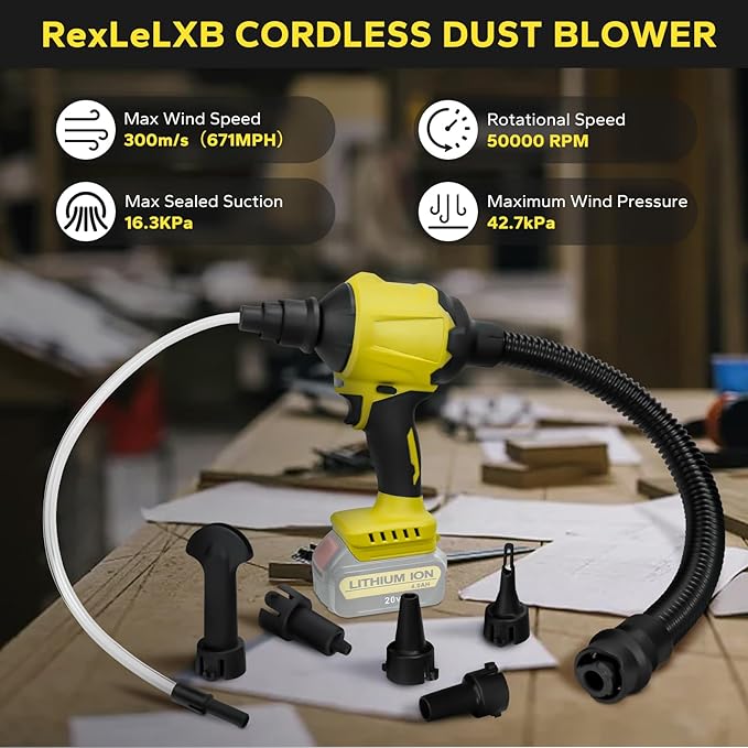 Cordless Dust Blower for Dewalt 20V Max Battery, 2-in-1 Blower & Vacuum, Handheld Blower HighSpeed Motor Air Compressed Duster w/ 671 MPH & 7 Nozzles for Sawmill Room, Home Cleaning（No Battery ） - LeafyLoom