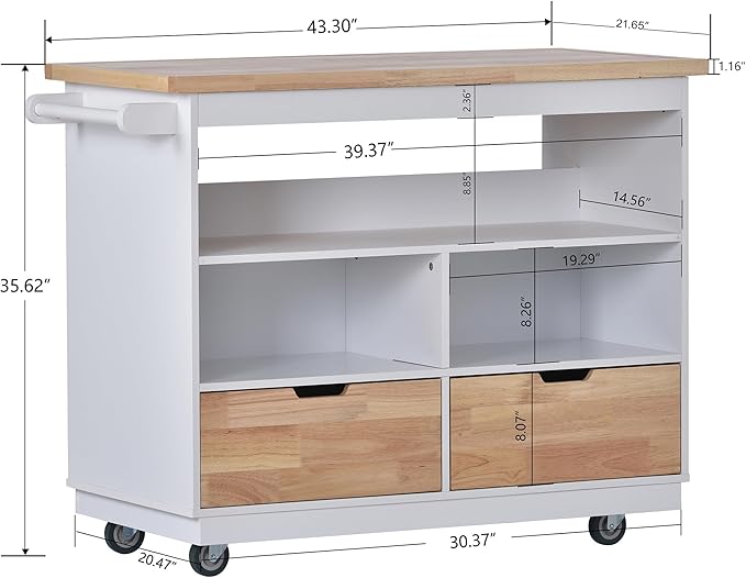 RITSU Kitchen Island Cart with Storage, Two-sided Rolling Bar Storage Cabinet Organizer on Wheels Wooden Top, Portable Movable Table w/Wine and Spice Rack, 2 Drawers, for Dining Room, White - LeafyLoom