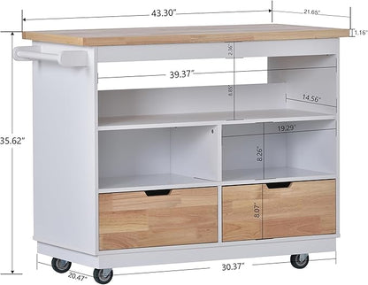 RITSU Kitchen Island Cart with Storage, Two-sided Rolling Bar Storage Cabinet Organizer on Wheels Wooden Top, Portable Movable Table w/Wine and Spice Rack, 2 Drawers, for Dining Room, White - LeafyLoom