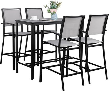 Shintenchi Patio Dining Sets, All Weather Textile Fabric Outdoor High Stool Bistro Set with 4 Bar Chairs and High Glass Table for Home, Backyard, Garden, Lawn, Porch, 5 Pieces - LeafyLoom