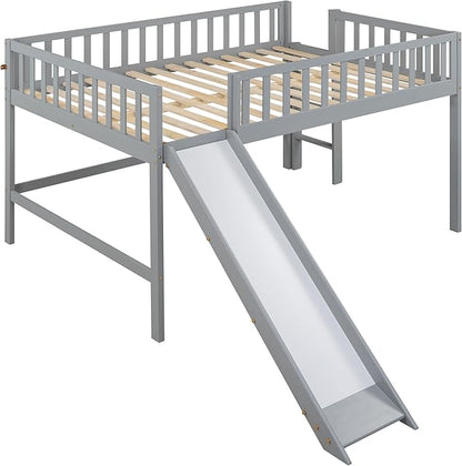 Merax Full Size Wood Low Loft Bed Frame with Slide for Kids Girls Boys,Full Length Guardrails, Gray - LeafyLoom