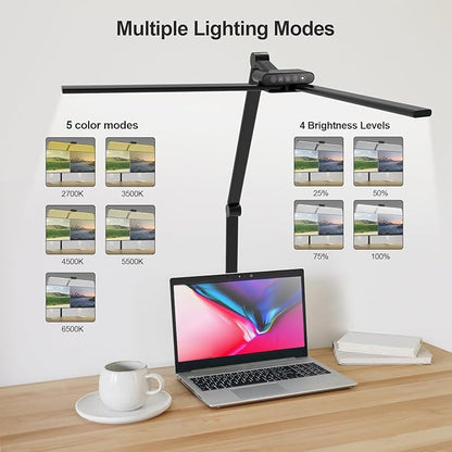 Led Desk Lamp for Office Home - Eye Caring Architect Table Light with Clamp, Dual Screen Computer Smart Light 5 Color 24W Lighting Table Lamp - LeafyLoom