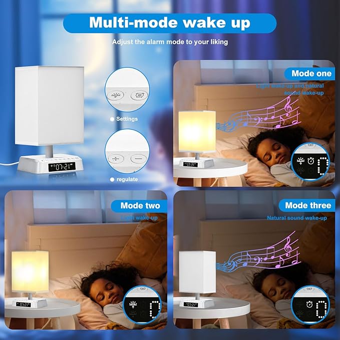 Nightstand Lamp Sound and Light Awakening Bioclock Adjustment lamp Sunrise Wake up lamp Built-in White Noise 3 Color Adjustable for Livingroom Bedroom Office Reading Working - LeafyLoom