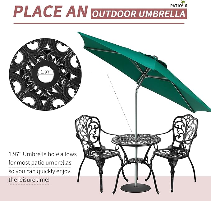 Bistro Table and Chairs Set of 2, Cast Aluminum Patio Furniture, Outdoor Bistro Set 3 Piece with Umbrella Hole for Balcony Porch Yard - LeafyLoom