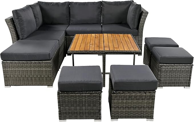 9 Pieces Outdoor Furniture All Weather Patio Sectional Sofa PE Wicker Modular Conversation Sets with Coffee Table and Storage Ottoman, Onesize, Ze-Black - LeafyLoom